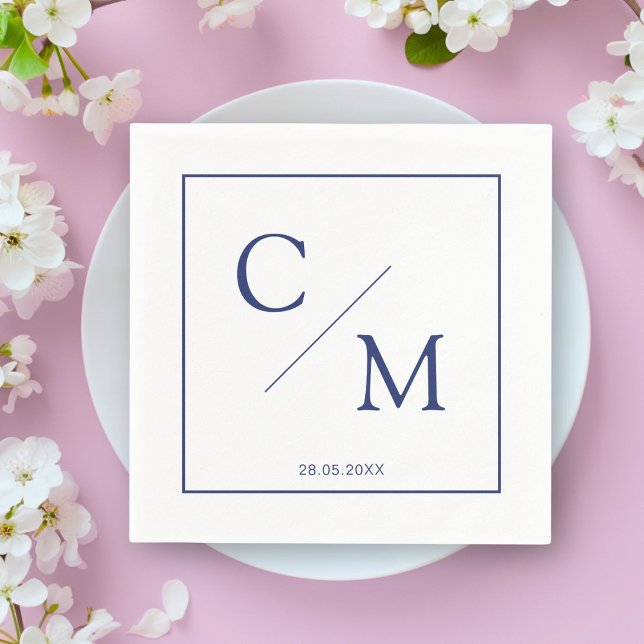 Simple Elegant Monogram White Blue Napkins (Personalized simple elegant monogram napkin)