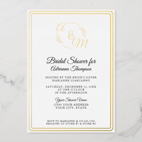 Simple Elegant Monogram White n Gold Bridal Shower Foil Invitation