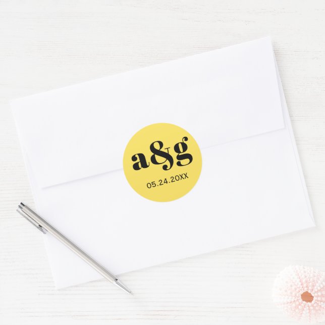 Simple, elegant monogram yellow wedding classic round sticker (Envelope)