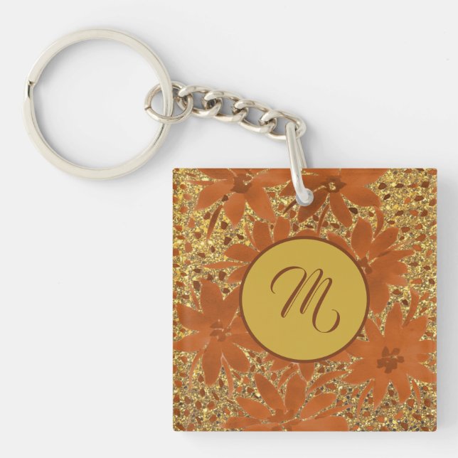 Simple Elegant Monogrammed Gold Sparkle Keychain (Front)