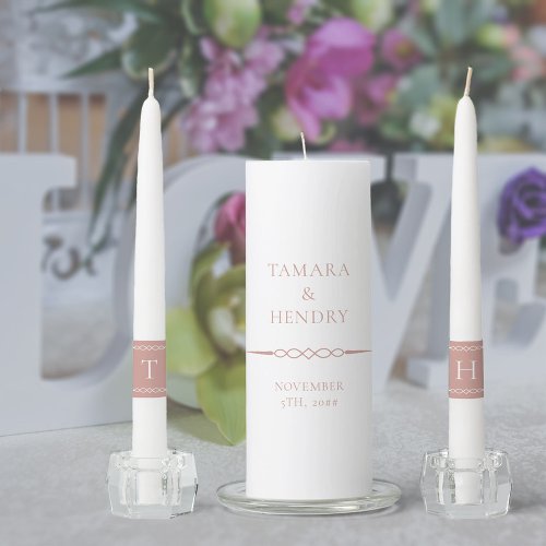 Simple Elegant Monogrammed Rose Gold White Wedding Unity Candle Set