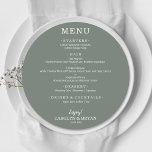 Simple Elegant Moss Green Round Wedding Dinner Menu<br><div class="desc">A round dinner menu card on moss green (or any color) and chic lettering in white displays your menu choices. Perfect for a modern wedding reception, wedding rehearsal dinner, anniversary party or any special event with a sit down dinner. Choose ANY COLOR BACKGROUND, any COLOR TEXT, any FONT! Easily personalize...</div>