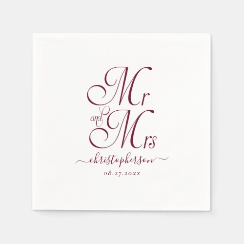 Simple Elegant Mr and Mrs Burgundy Script Wedding Napkins