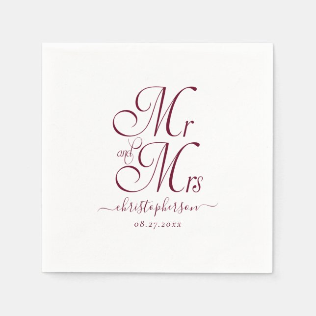Simple Elegant Mr and Mrs Burgundy Script Wedding Napkins (Front)