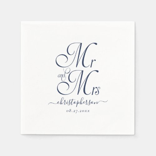 Simple Elegant Mr and Mrs Navy Blue Script Wedding Napkins