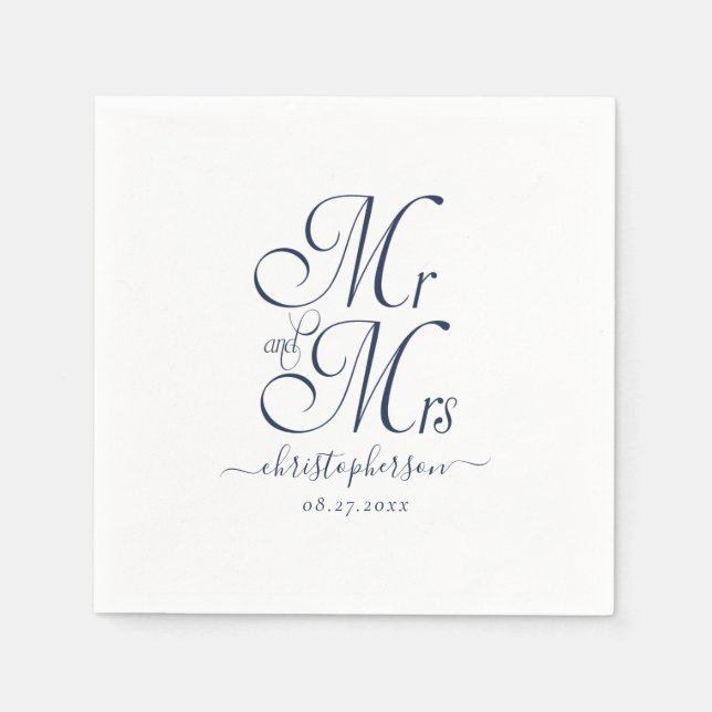 Simple Elegant Mr and Mrs Navy Blue Script Wedding Napkins (Front)