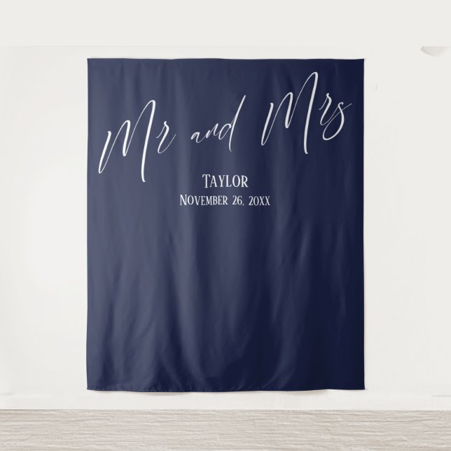 Simple Elegant Mr and Mrs Navy Photo Backdrop (Front)