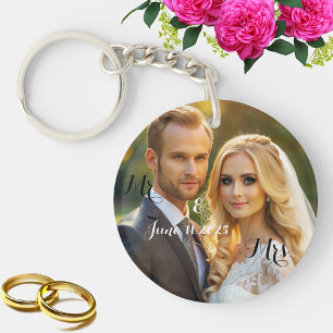 Simple Elegant Mr and Mrs Photo  Keychain