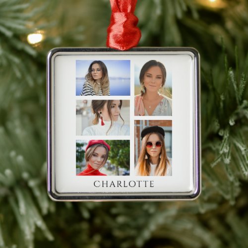 Simple Elegant Multi Photo Personalized Name Metal Ornament