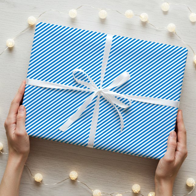 Simple Elegant Narrow Striped Pattern Blue White Wrapping Paper (Creator Uploaded)