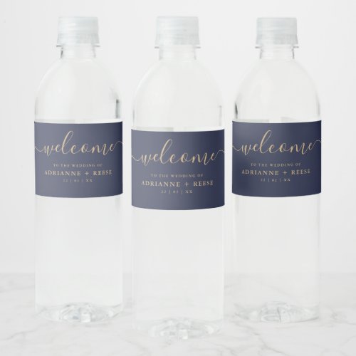 Simple Elegant Navy and Gold Wedding Water Bottle  Water Bottle Label