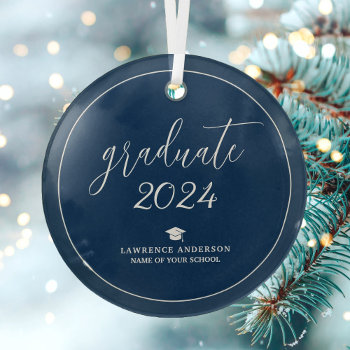 Simple Elegant Navy Blue 2024 Graduate Graduation Glass Ornament by littleteapotdesigns at Zazzle