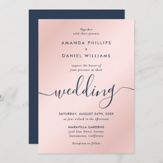 Simple Elegant Navy Blue and Blush Modern Script Invitation
