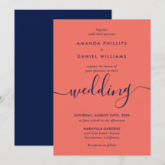 Simple Elegant Navy Blue and Coral Modern Wedding Invitation