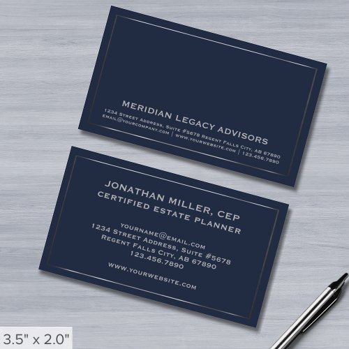 Simple Elegant Navy Blue and Silver Business Card