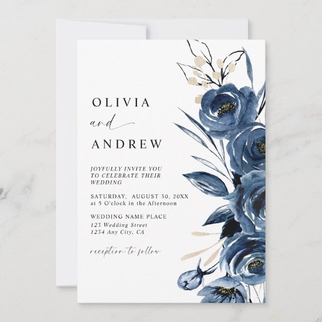 Simple Elegant Navy Blue Boho Floral Wedding Invitation (Front)