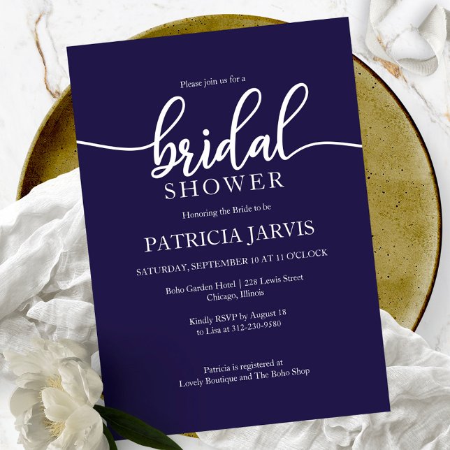 Simple Elegant Navy Blue Calligraphy Bridal Shower Invitation (Creator Uploaded)