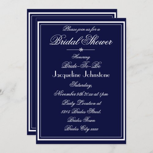 Simple Elegant Navy Blue Chic Classy Bridal Shower Invitation