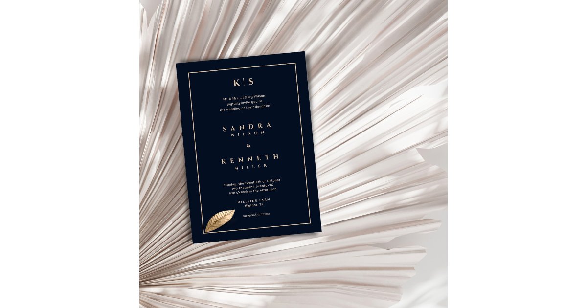 Simple & Elegant Navy Blue Gold Framed Wedding Invitation | Zazzle