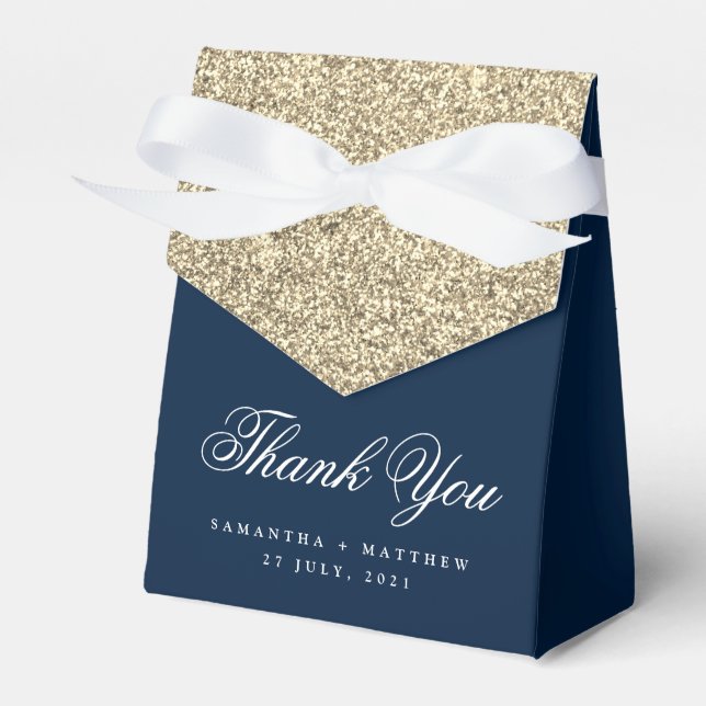 Simple Elegant Navy Blue Gold Glitter Thank You Favor Boxes (Front Side)