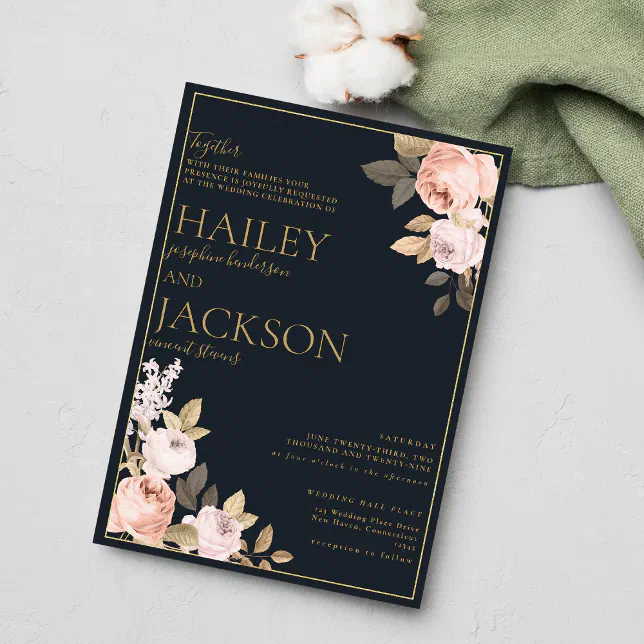 Simple elegant navy blue gold pink floral wedding invitation | Zazzle