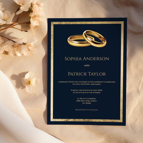 Simple elegant navy blue gold rings Wedding  Invitation