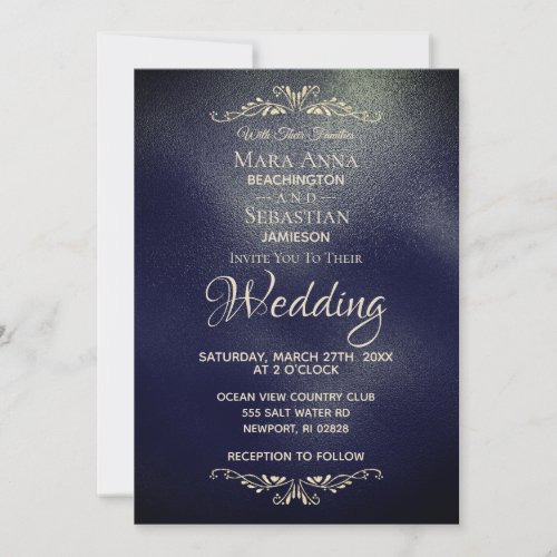 *~* Simple Elegant Navy BLue Gold   Wedding Invitation