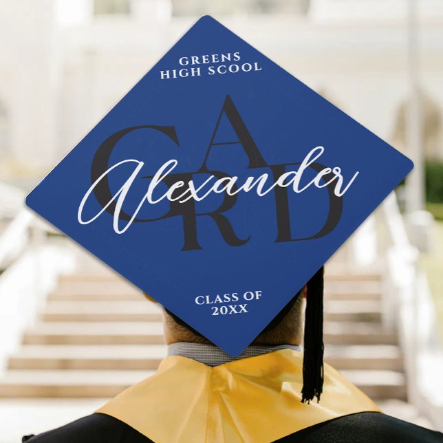 Simple Elegant Navy Blue Graduate And White Script Graduation Cap Topper (Creator Uploaded)