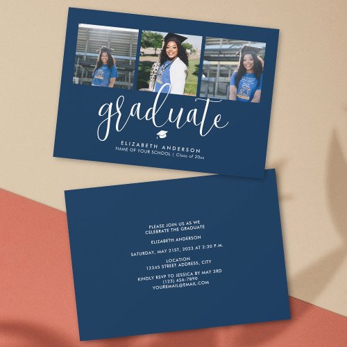 Simple Elegant Navy Blue Graduate Graduation Photo Invitation