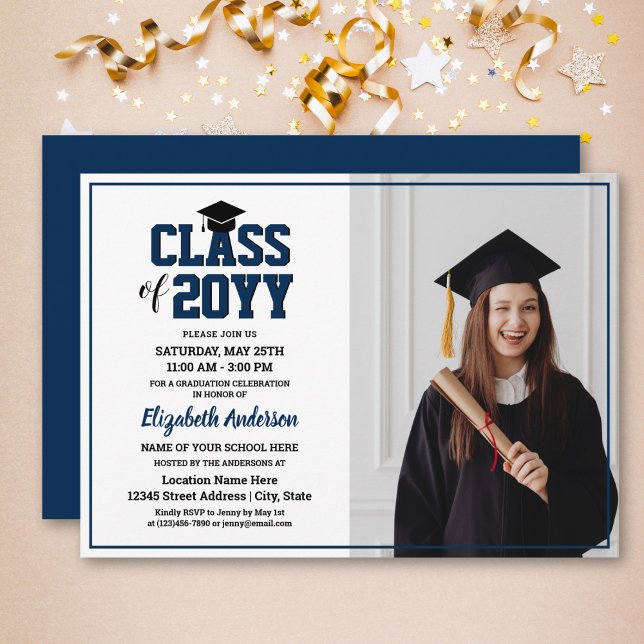 Simple Elegant Navy Blue Graduate Photo Graduation Invitation (Creator Uploaded)