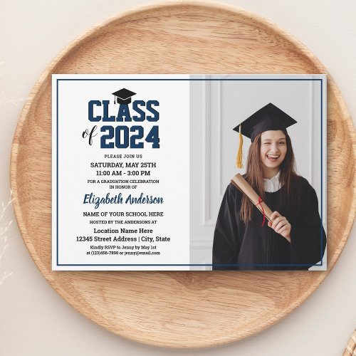 Simple Elegant Navy Blue Graduate Photo Graduation Invitation