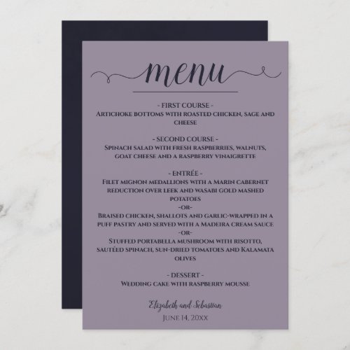 Simple Elegant Navy Blue on Dusty Lavender Wedding Menu