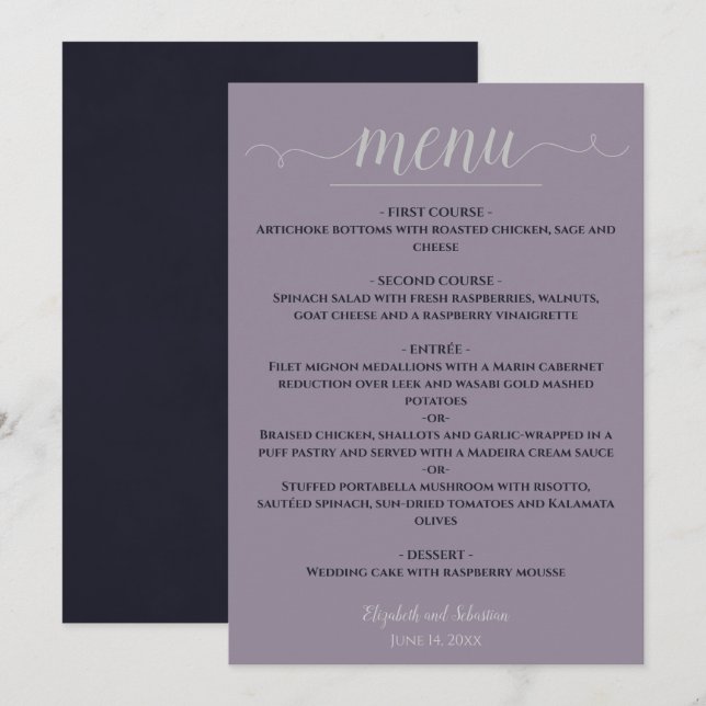 Simple Elegant Navy Blue on Dusty Purple Wedding Menu (Front/Back)