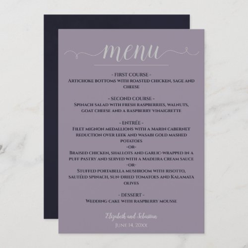 Simple Elegant Navy Blue on Dusty Purple Wedding Menu