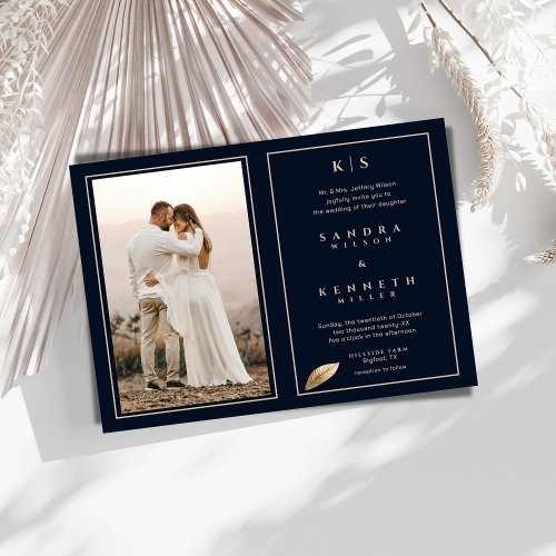 Simple  Elegant Navy Blue Photo Framed Wedding  Invitation