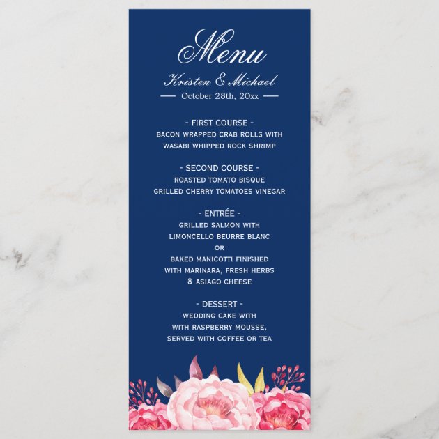 Simple Elegant Navy Blue Pink Floral Wedding Menu
