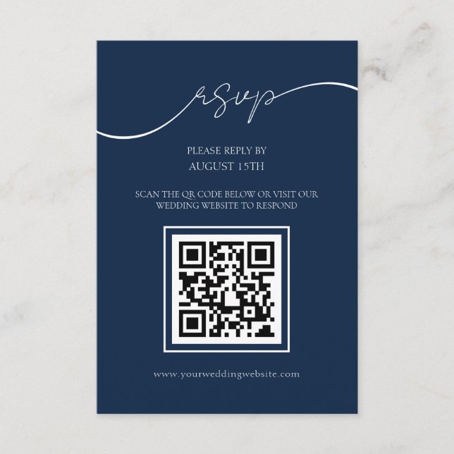 Simple Elegant Navy Blue QR Code Wedding RSVP Card (Front)
