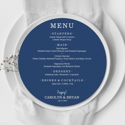 Simple Elegant Navy Blue Round Wedding Dinner Menu