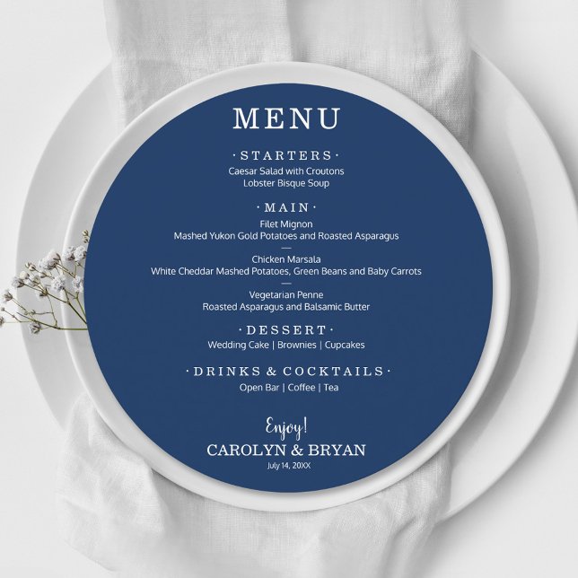 Simple Elegant Navy Blue Round Wedding Dinner Menu (Creator Uploaded)