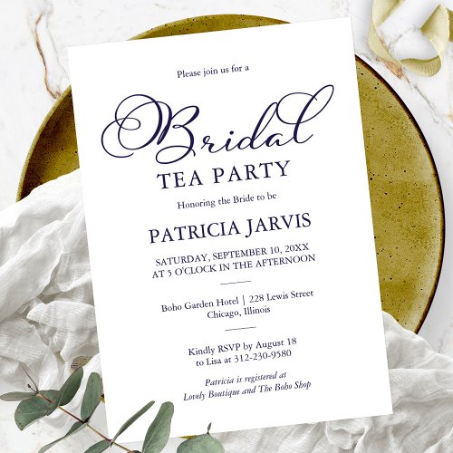Simple Elegant Navy Blue Script Bridal Tea Party Invitation