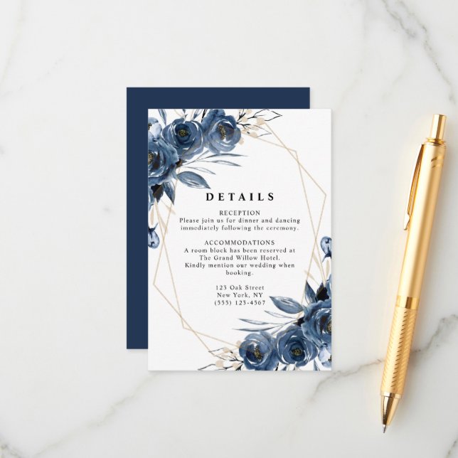 Simple Elegant Navy Blue Wedding Details Classic Enclosure Card (Front/Back In Situ)