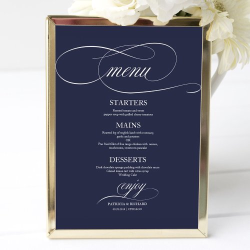 Simple Elegant Navy Blue Wedding Menu Sign