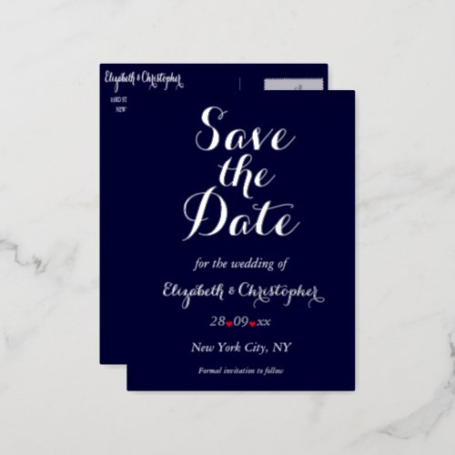 Simple Elegant Navy Blue Wedding Save the Date Foil Invitation Postcard