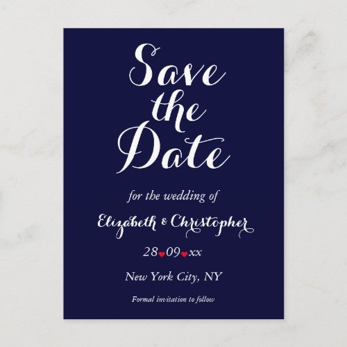 Simple Elegant Navy Blue Wedding Save the Date Postcard