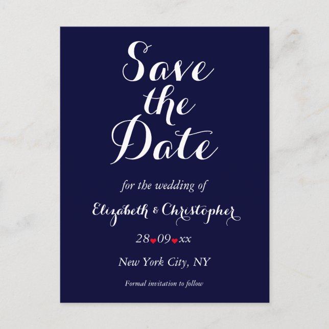 Simple Elegant Navy Blue Wedding Save the Date Postcard (Front)