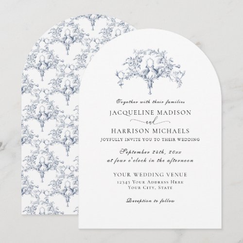 Simple Elegant Navy Blue White French Toile Doves Invitation