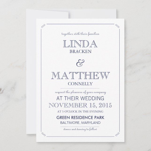 Simple Elegant Navy Blue White Wedding Invitation (Front)