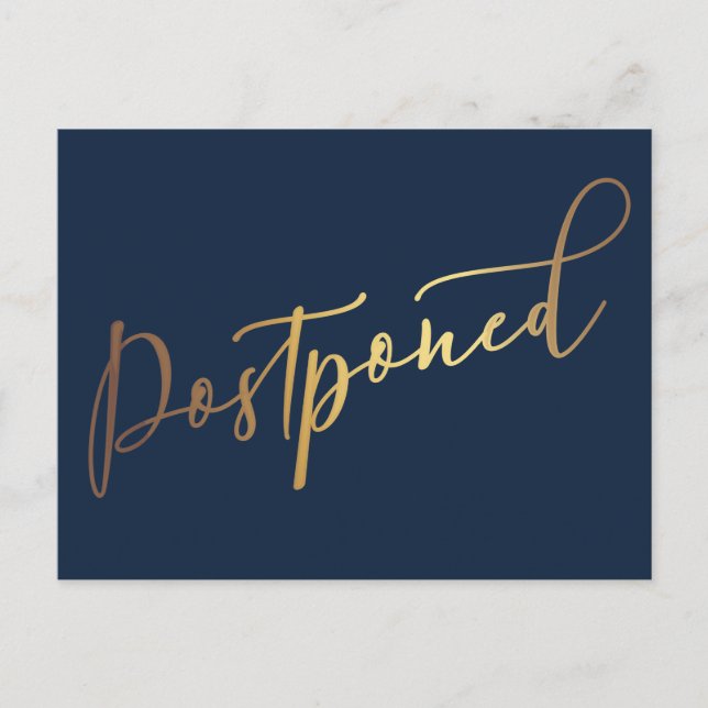 Simple Elegant Navy & Gold Postponed Announcement Postcard (Front)