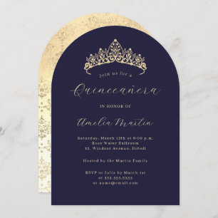 Simple Elegant Navy Gold Tiara Quinceanera Invitation