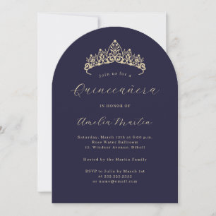 Simple Elegant Navy Gold Tiara Quinceanera Invitation